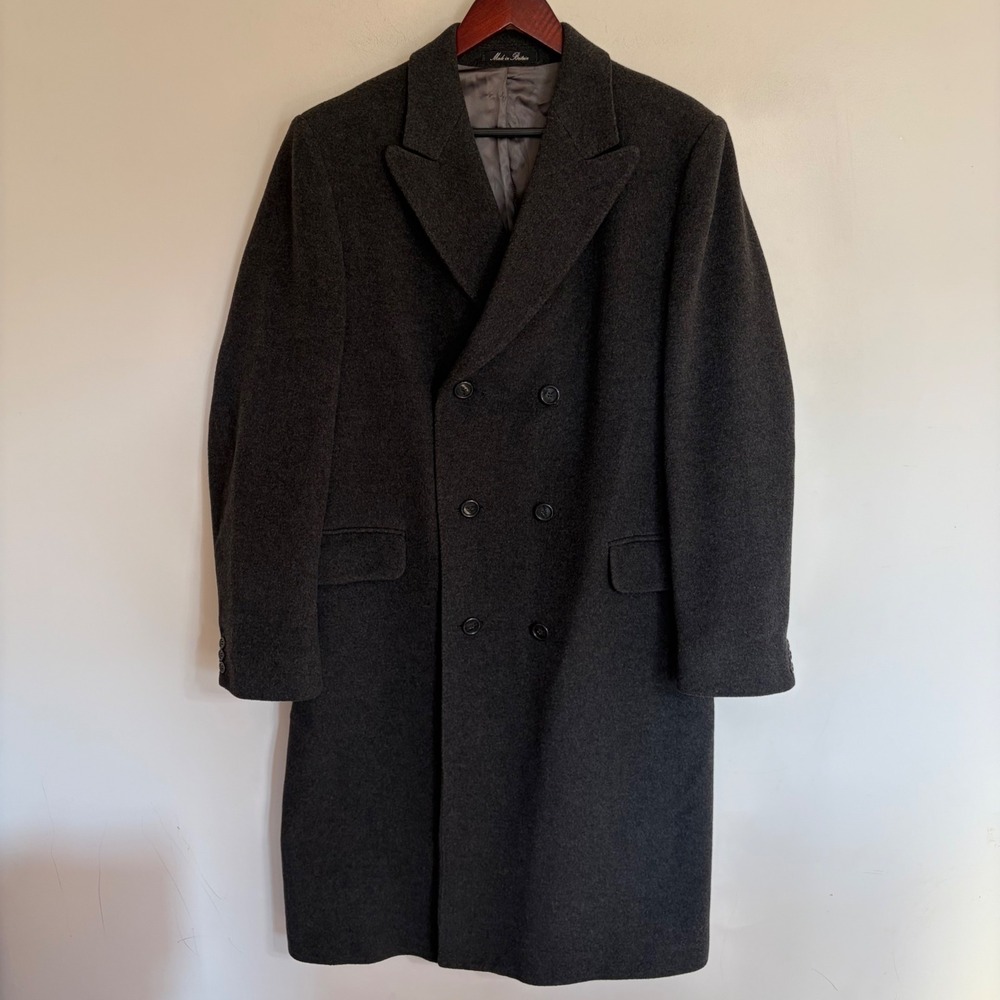Vintage 80s Made in Britain Cashmere Wool Double Breasted Overcoat Mens 46R Gray